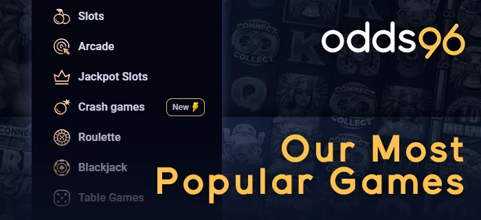 Odds96 most popular games at Online Casino: slots, aviator, arcade, table games