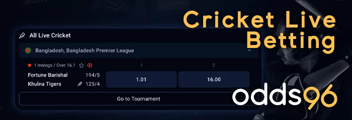 Cricket live betting section on Odds96 website