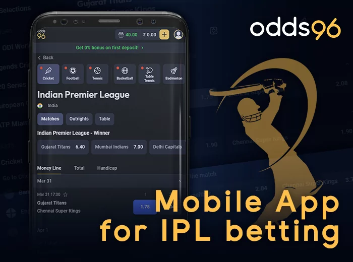 IPL tournament betting via mobile devices at Odds96 - download the betting app