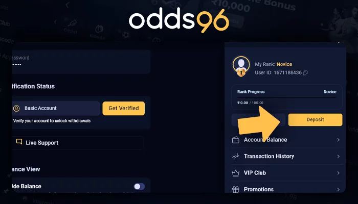 Deposit button on the Odds96 website.