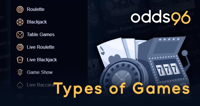 Types of games at Odds96 Live casino: Roulette, Blackjack, Table Games and others