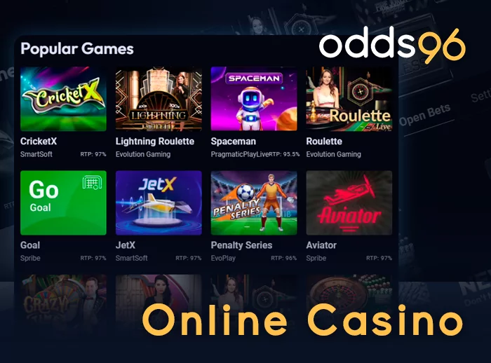Online Casino popular games section at Odds96