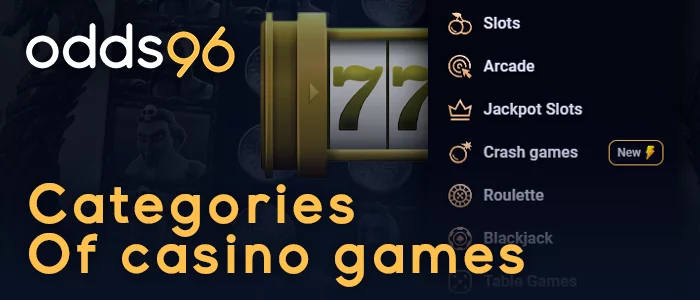 Categories of Odds96 casino games - slots, arcade, jackpot, crash games, roulette, blackjack
