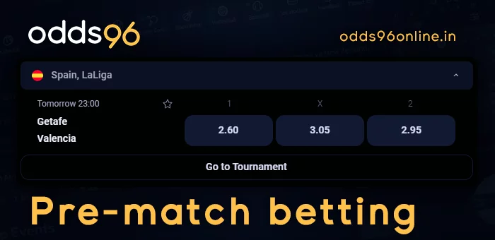 Prematch betting on sporting events at Odds96