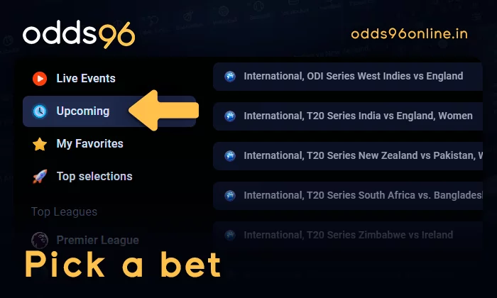 Choose live bet or pre-match on Odds96