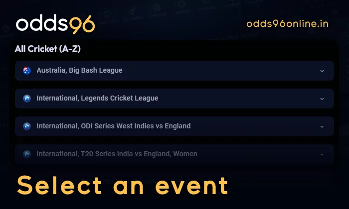 Select an event to bet on Odds96
