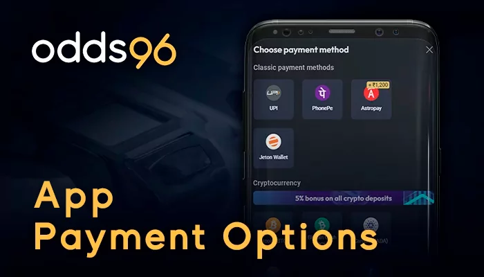 Payments options in Odds96 app: deposit, withdrawal methods