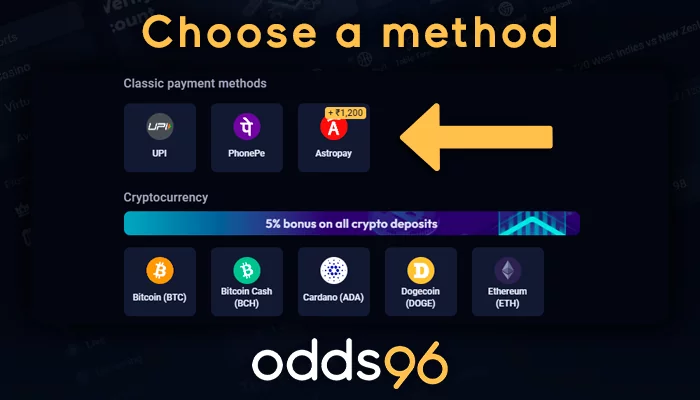 Choosing the payment method for depositing on Odds96