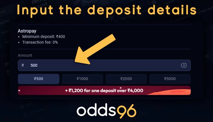 Entering data for a deposit on Odds96
