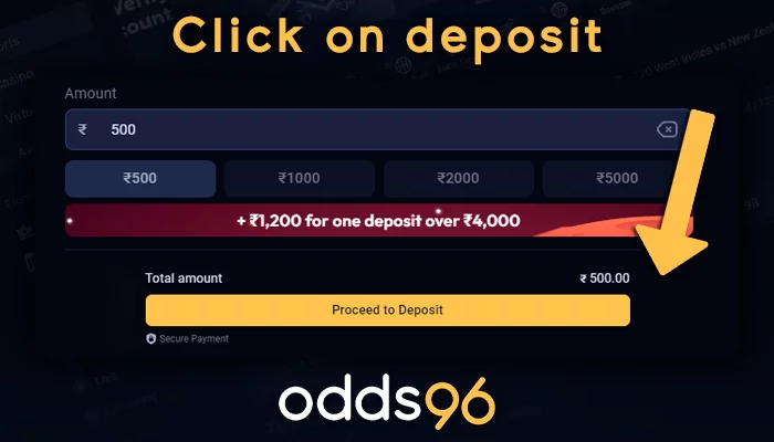 Completing the top up process at Odds96